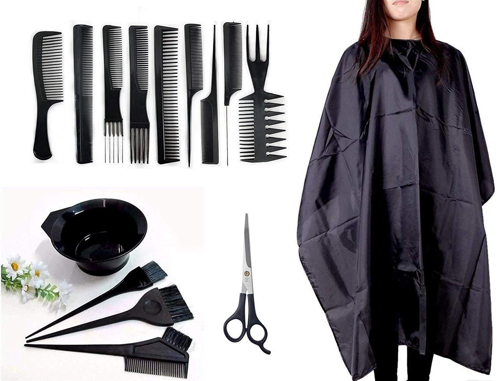 AASA Salon Accessories Combo for Hairdressing, hair Cutting Comb, Scissor, Dye Bowls kit, 9 Pcs comb Set Professional Use